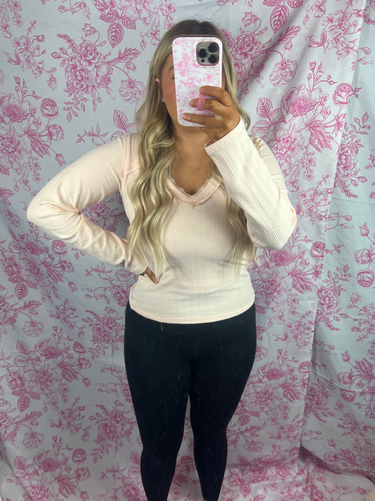 V-Neck Lace Ribbed Long Sleeve Top