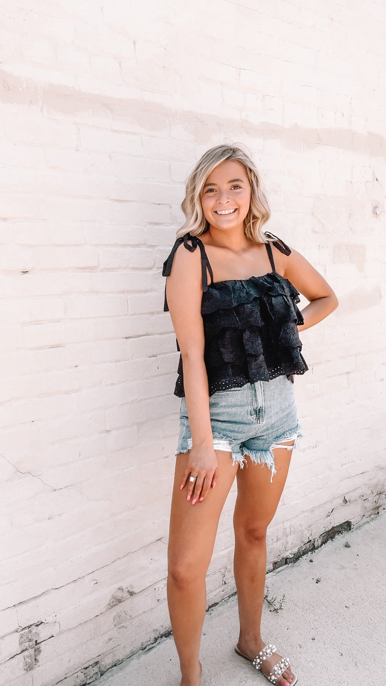 Black Ruffle Tie Strap Top