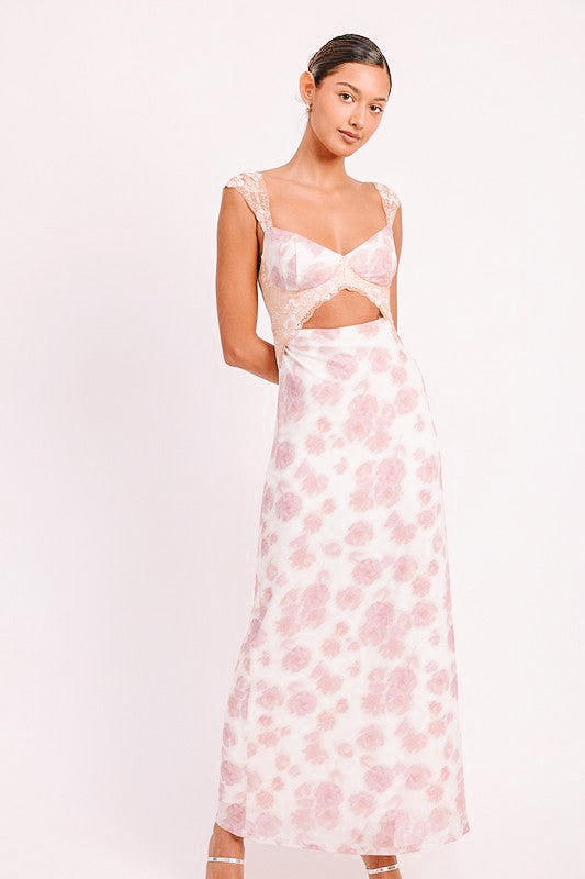 FLORAL MESH LACE TRIM MAXI DRESS WITH BUST CUTOUT