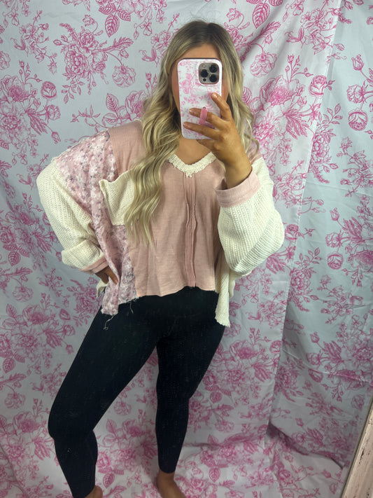 V-Neck Floral Patch Ribbed Knit Top