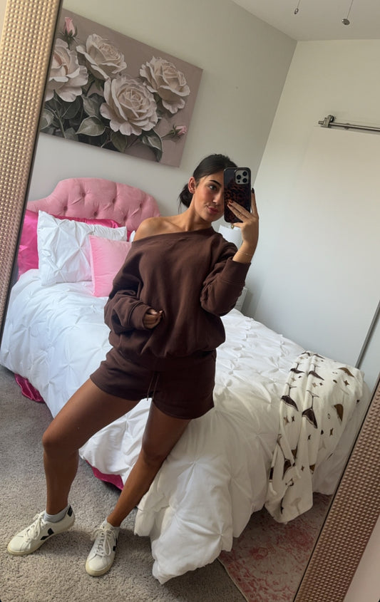 Brown Off Shoulder Sweat Set