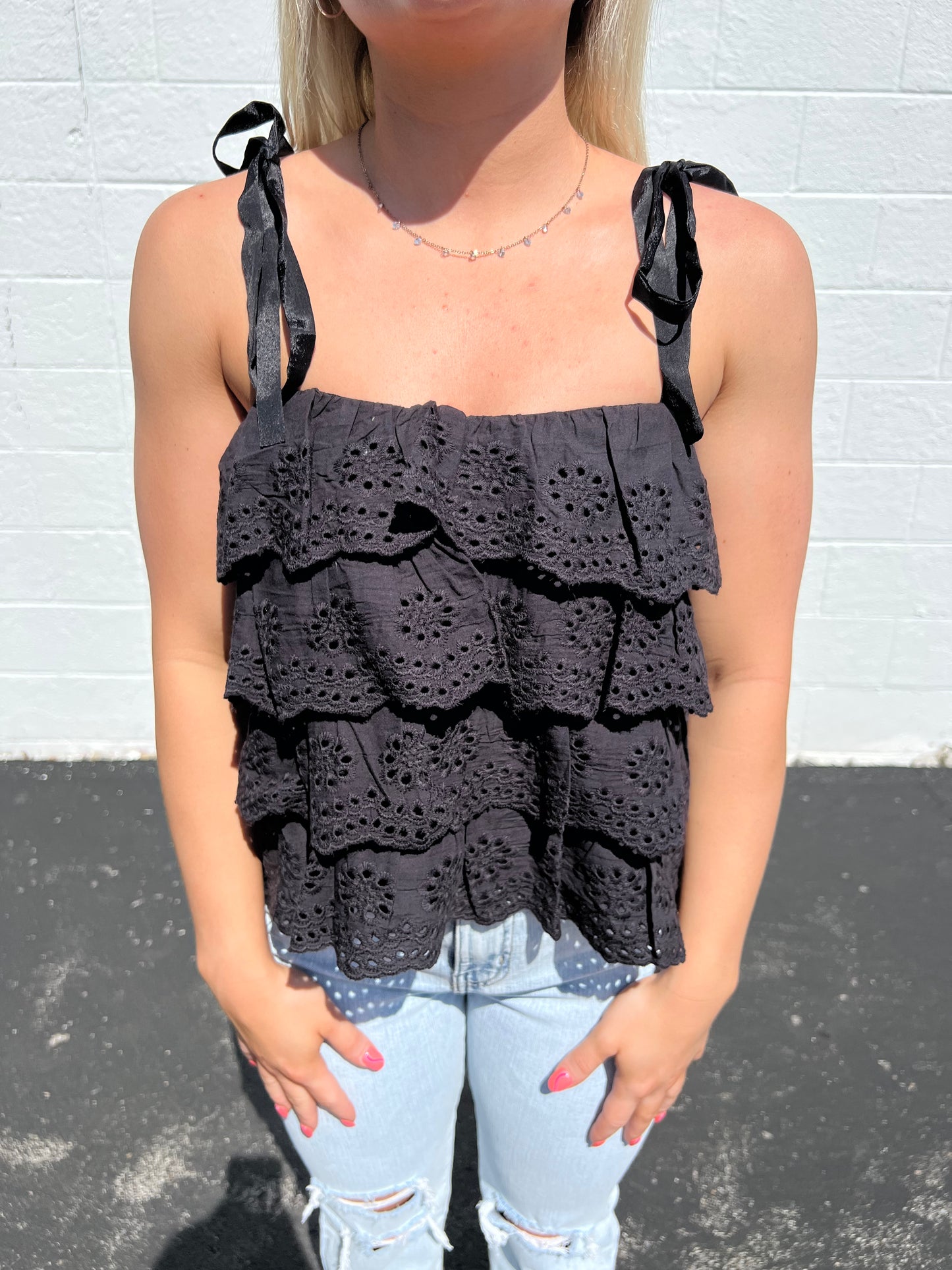 Black Ruffle Tie Strap Top