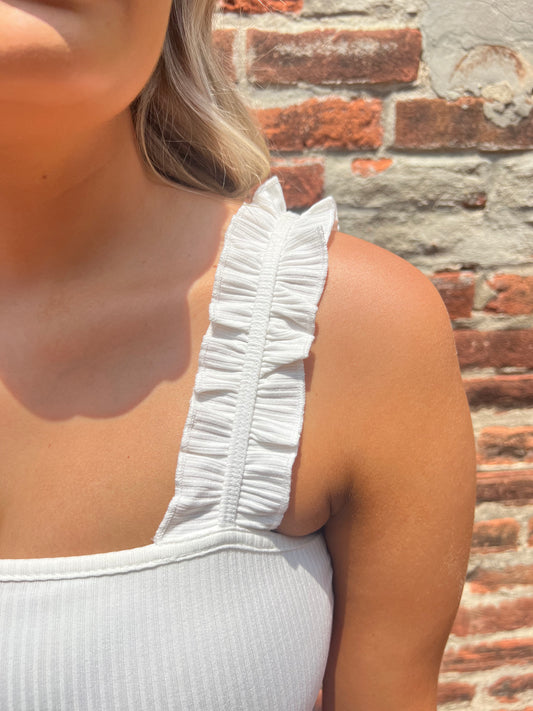 White Ruffle Strap Bodysuit