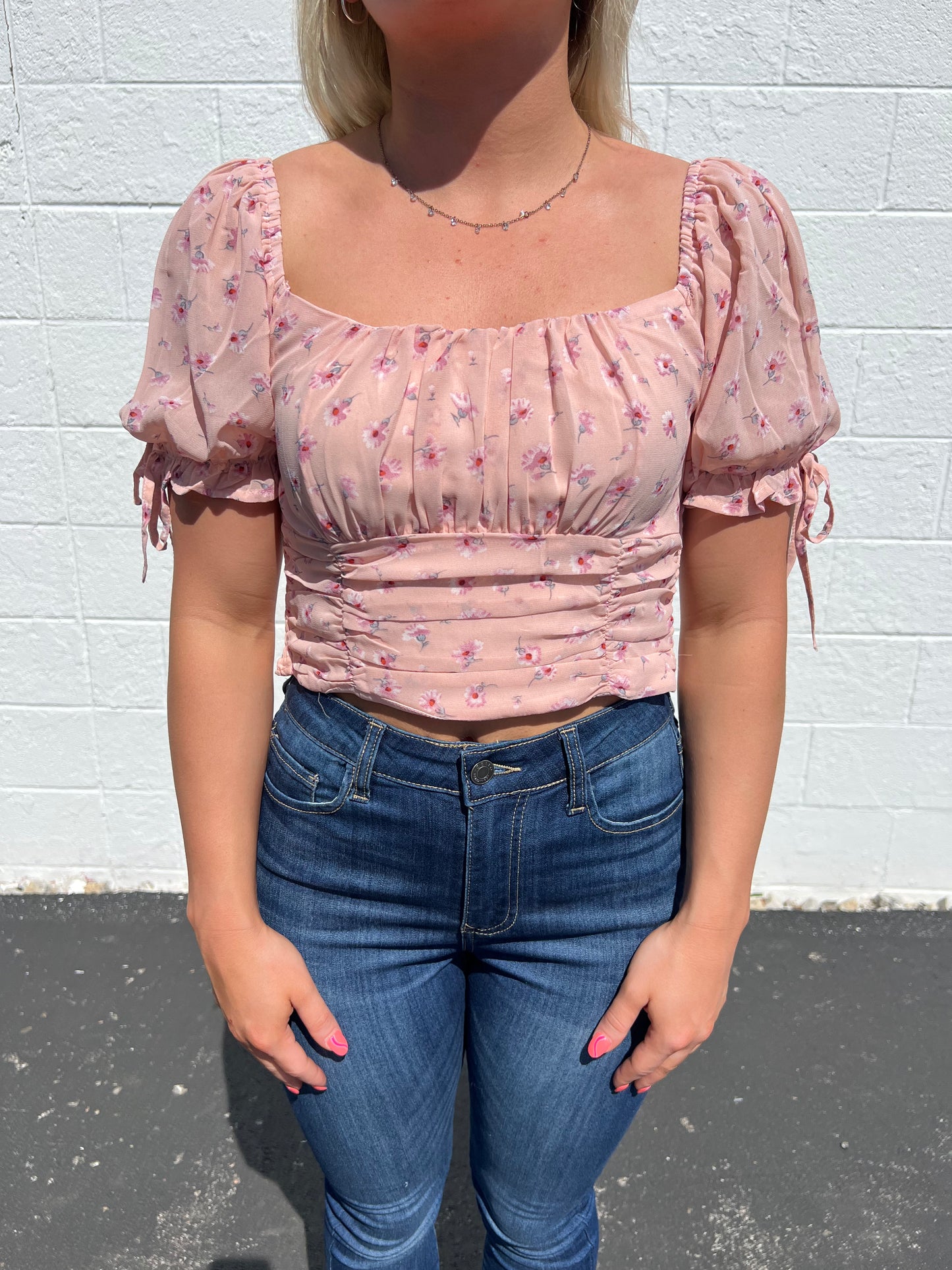 Floral Cropped Ruched Sweetheart Neck Top