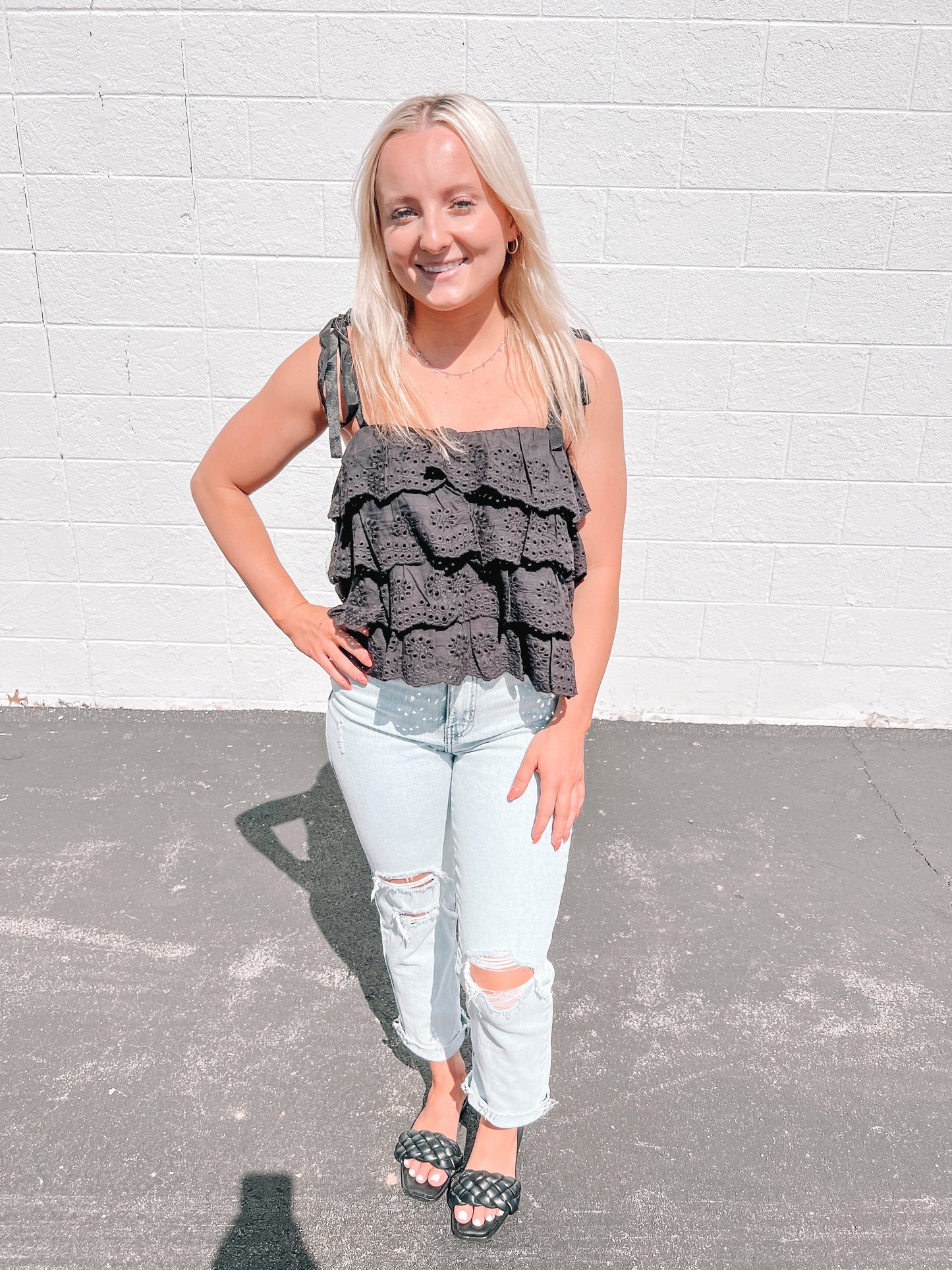 Black Ruffle Tie Strap Top