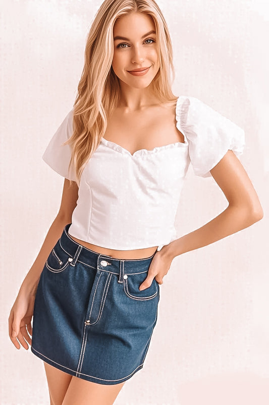 White Puff Sleeve Sweetheart Neck Top