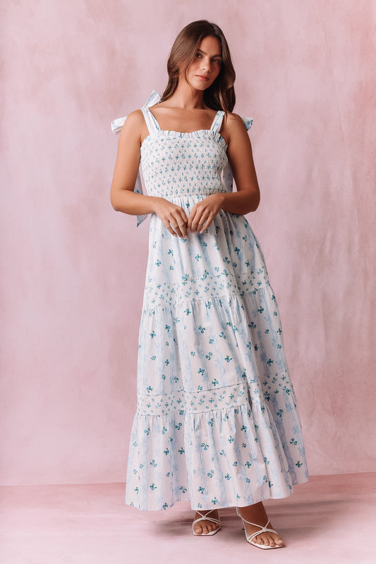 Blue Floral Tied Straps Dress
