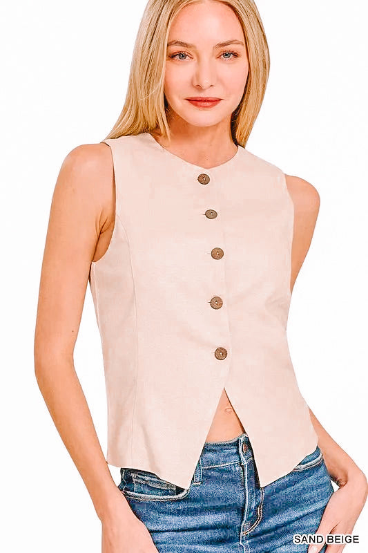 Beige Linen Button Down Vest