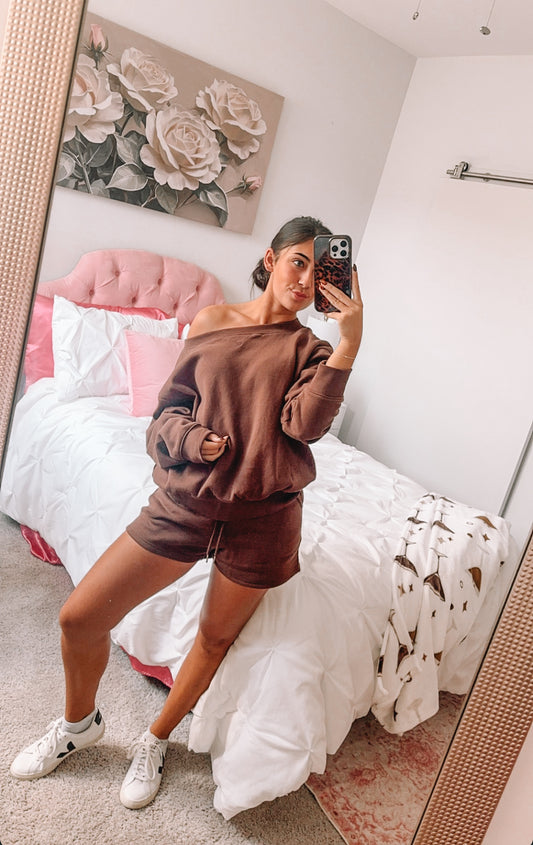 Brown Off Shoulder Sweat Set