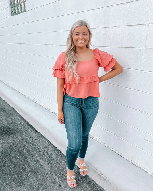 Coral Puff Sleeve Top