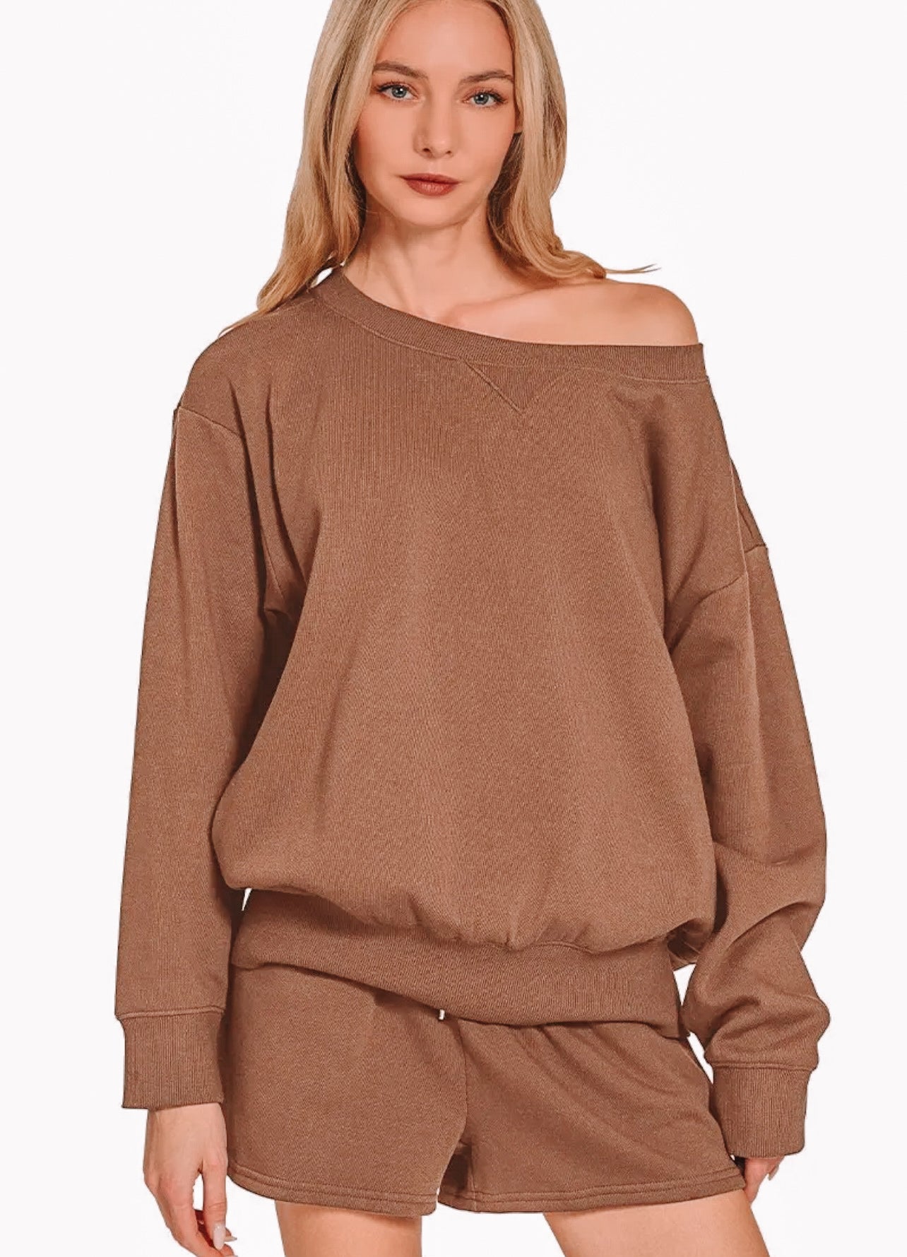 Brown Off Shoulder Sweat Set