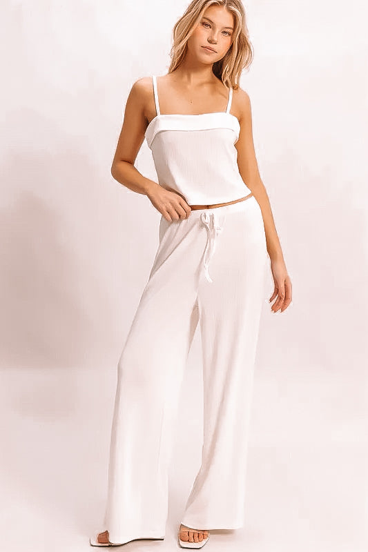 Cream Rib Knit Top and Pants Set