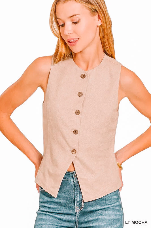 Mocha Linen Button Down Vest