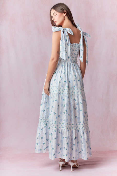Blue Floral Tied Straps Dress
