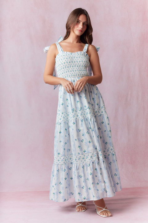 Blue Floral Tied Straps Dress