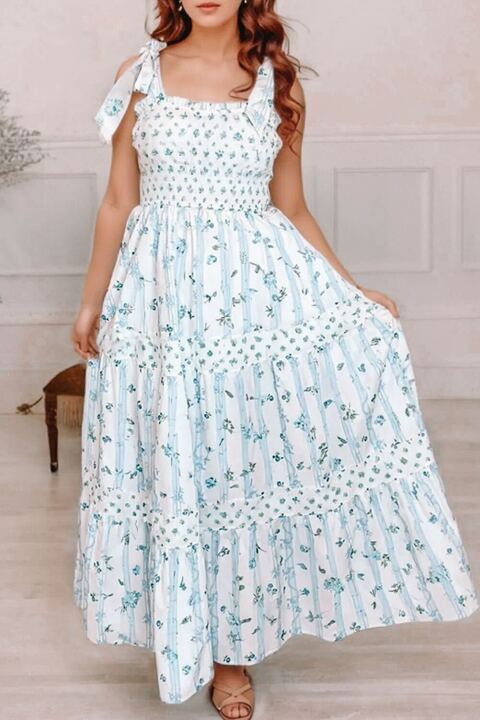 Blue Floral Tied Straps Dress