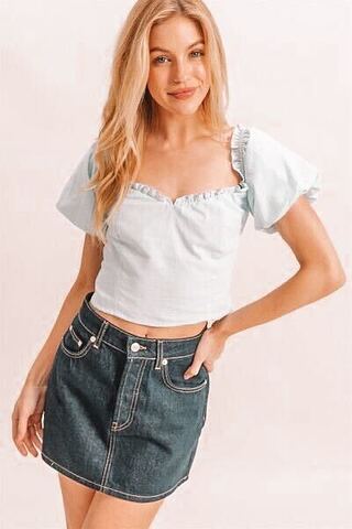 Blue Puff Sleeve Sweetheart Neck Top
