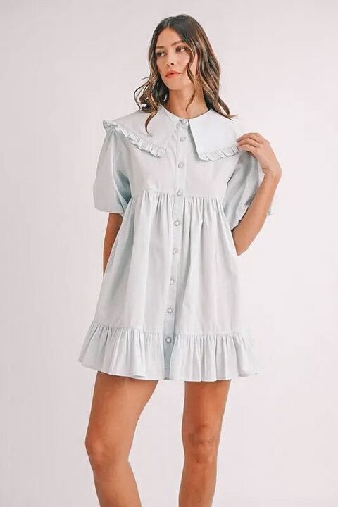 Blue Ruffled Hem Peter Pan Mini Dress