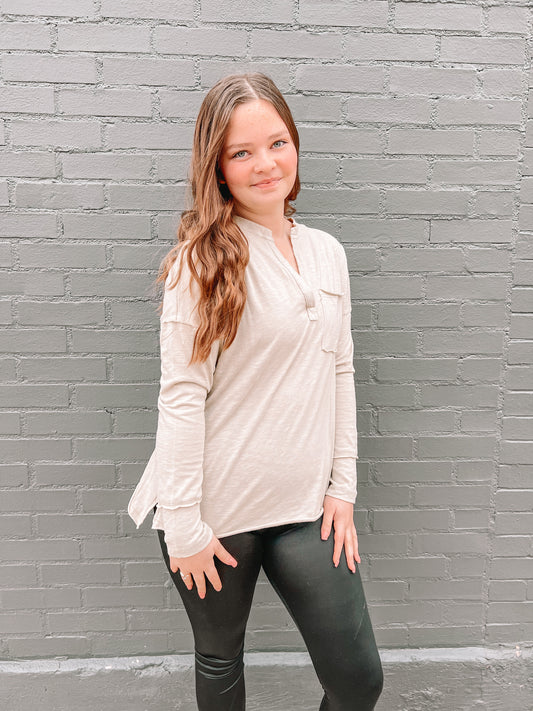 Eggshell V Neck Long Sleeve Top