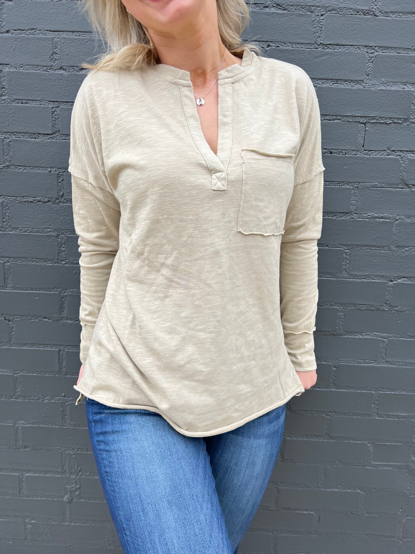 Eggshell V Neck Long Sleeve Top